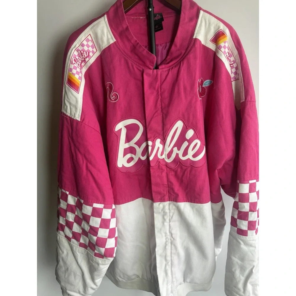 BOXLUNCH Mattel BARBIE EXCLUSIVE EMBROIRDERED CHECKERED RACING JACKET Adult 4Xl